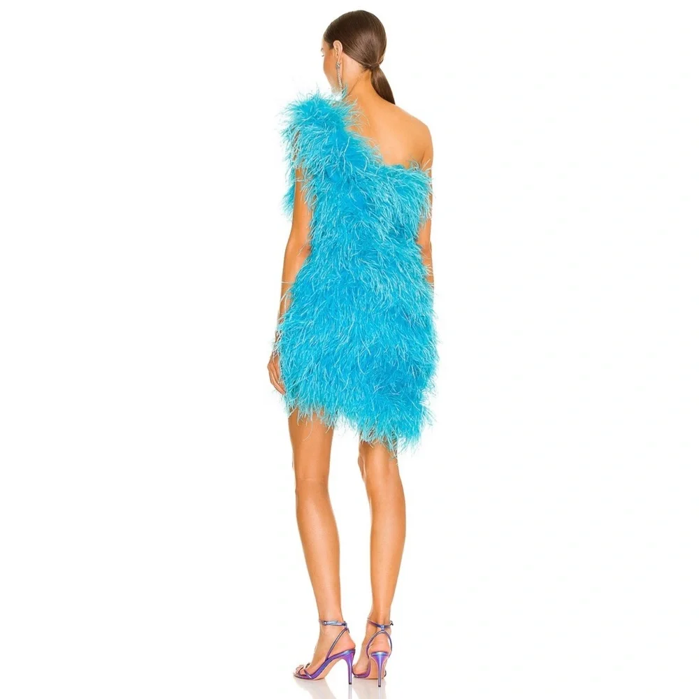 The Bar One Shoulder Ostrich Feather Andre Dress in Turquoise - Picture 3 of 12